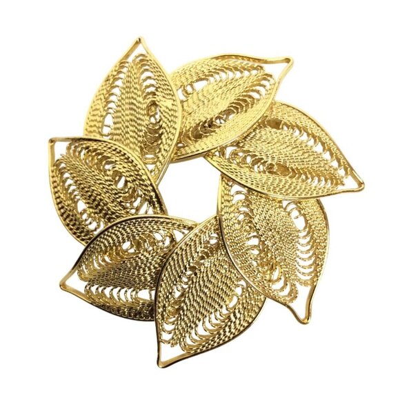 Vintage Goldtone Spun Wire Leaf Wreath Brooch Pin - Picture 3 of 4